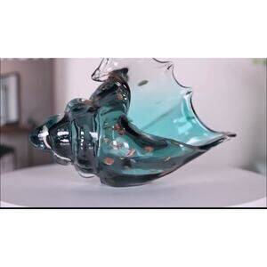 Hand blown Glass Seashell teal green with gold accents New